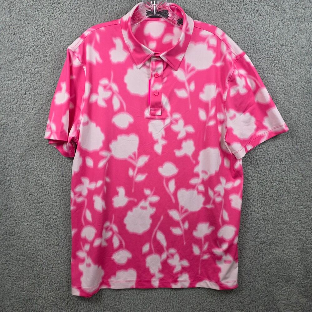 G/FORE Men's Blur Tech Floral Jersey Polo Shirt Pink White Performance UPF Sz L